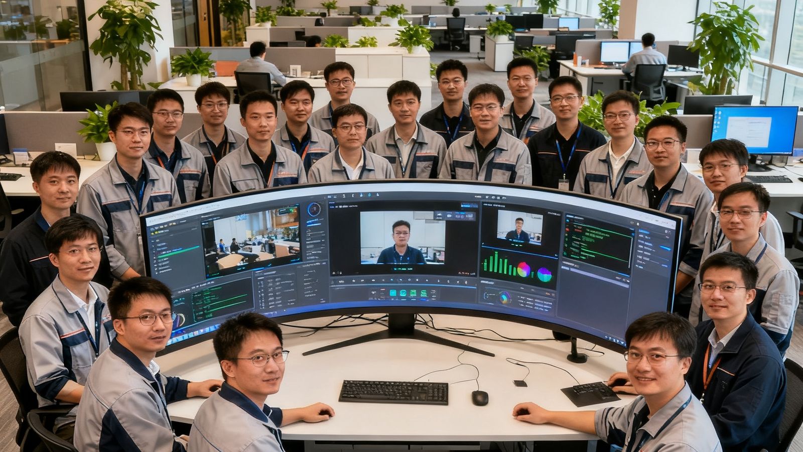 EVO视讯平台深圳总部研发中心内，四十余位工程师在开放式办公区围绕大型曲面屏幕进行AR视讯算法联调的团队合影